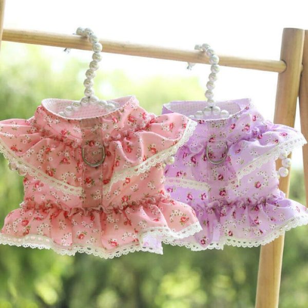 Floral Dog Dress With Lace Trim And Lead Set - Image 3